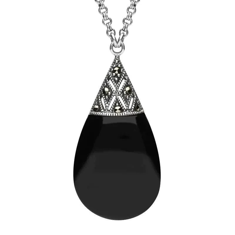 Sterling Silver Whitby Jet Marcasite Capped Pear Drop Necklace sold by Jura Watches
