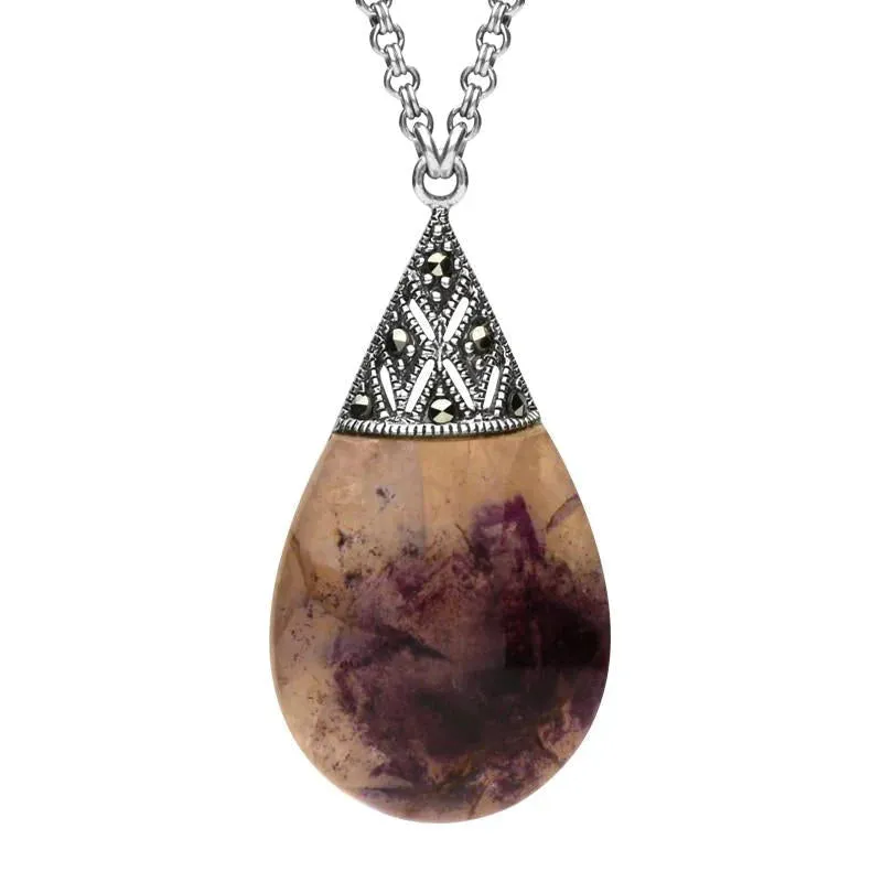 Sterling Silver Blue John Marcasite Capped Pear Drop Necklace sold by Jura Watches