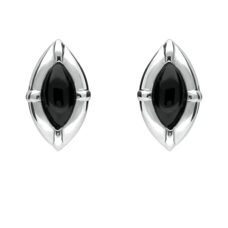 Sterling Silver Whitby Jet Marquise Beaded Edge Stud Earrings sold by Jura Watches