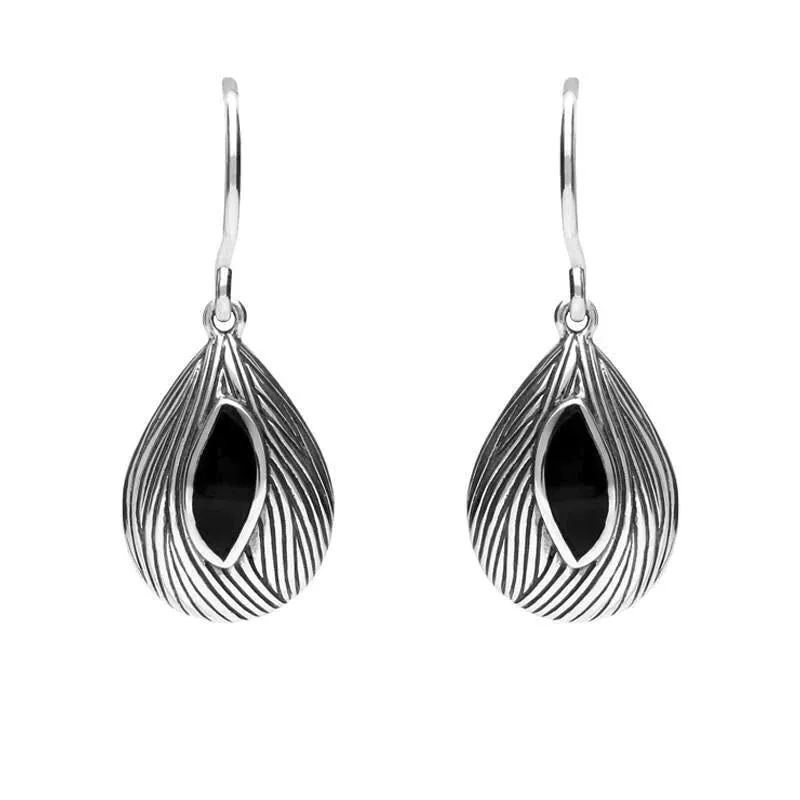 Sterling Silver Whitby Jet Marquise Shape Wave Wood Effect Earrings sold by Jura Watches