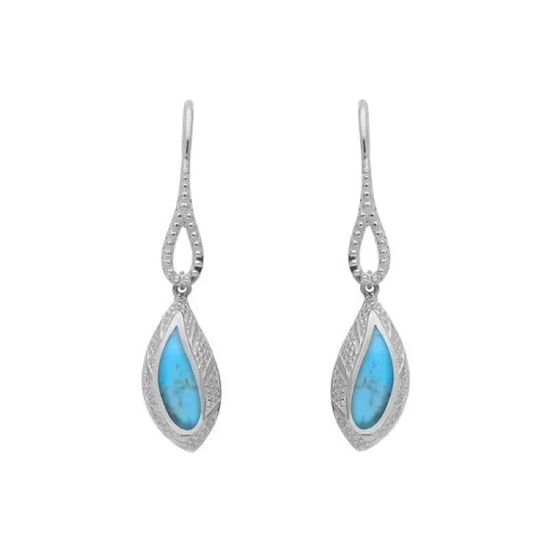 Sterling Silver Turquoise Marquise Beaded Edge Drop Earrings sold by Jura Watches
