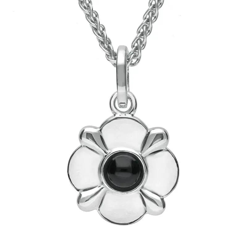 Sterling Silver Whitby Jet Four Petal Flower Necklace sold by Jura Watches