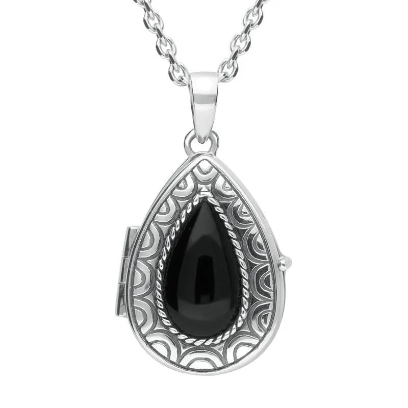 Sterling Silver Whitby Jet Pear Patterned Locket Necklace sold by Jura Watches
