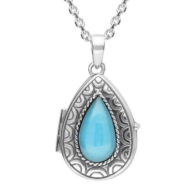 Sterling Silver Turquoise Pear Patterned Locket Necklace sold by Jura Watches
