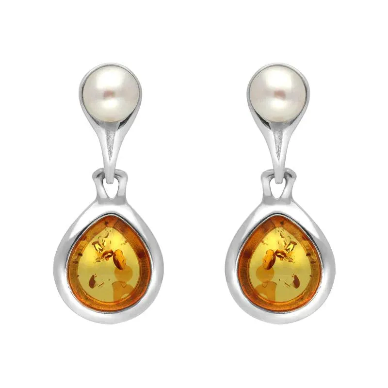 Sterling Silver Amber Pearl Drop Earrings sold by Jura Watches