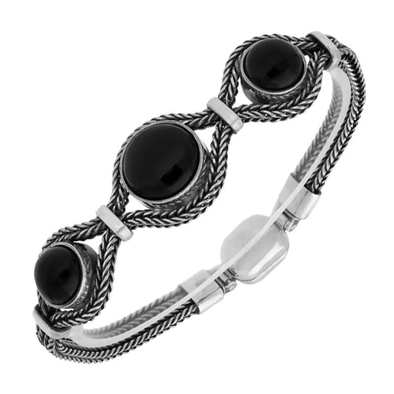 Sterling Silver Whitby Jet 3 Stone Round Foxtail Bracelet D sold by Jura Watches