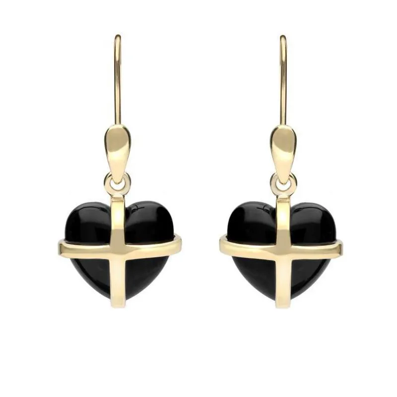 9ct Yellow Gold Whitby Jet Small Cross Heart Drop Earrings sold by Jura Watches