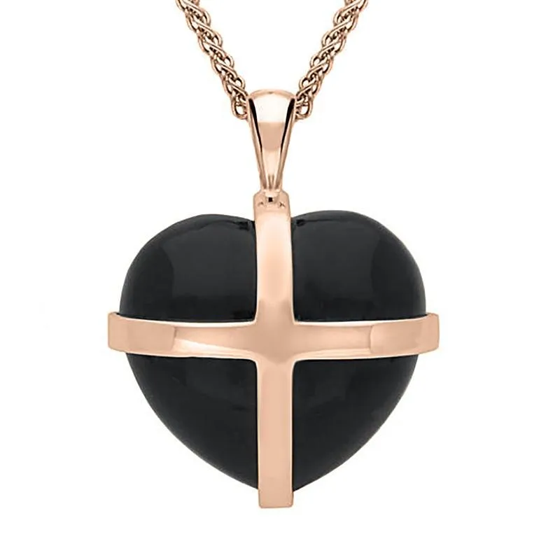 9ct Rose Gold Whitby Jet Large Cross Heart Necklace sold by Jura Watches