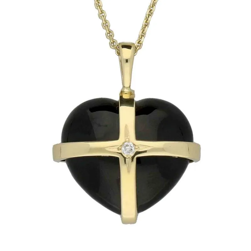 18ct Yellow Gold Whitby Jet Diamond Small Cross Heart Necklace sold by Jura Watches