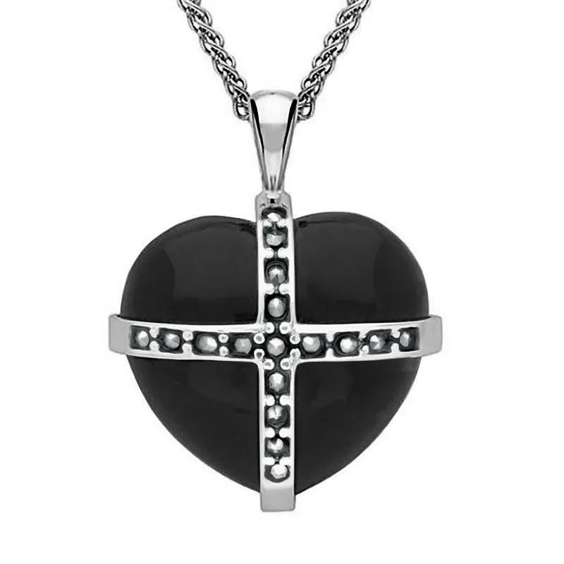 Sterling Silver Whitby Jet Marcasite Large Cross Heart Necklace sold by Jura Watches
