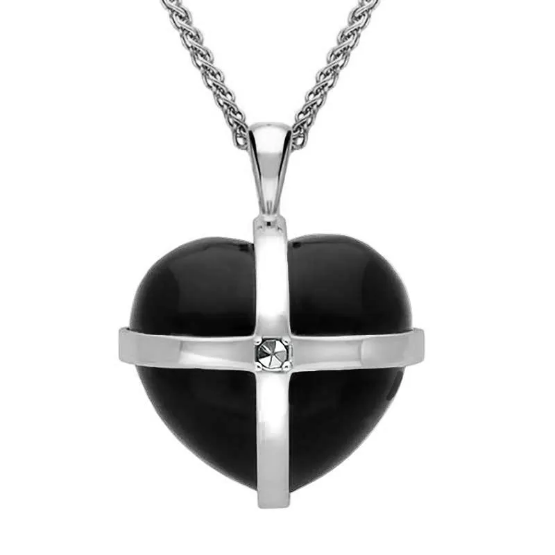 Sterling Silver Whitby Jet Marcasite Medium Cross Heart Necklace sold by Jura Watches