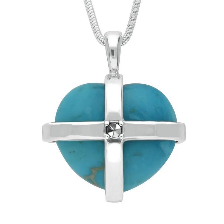 Sterling Silver Turquoise Marcasite Large Cross Heart Necklace sold by Jura Watches