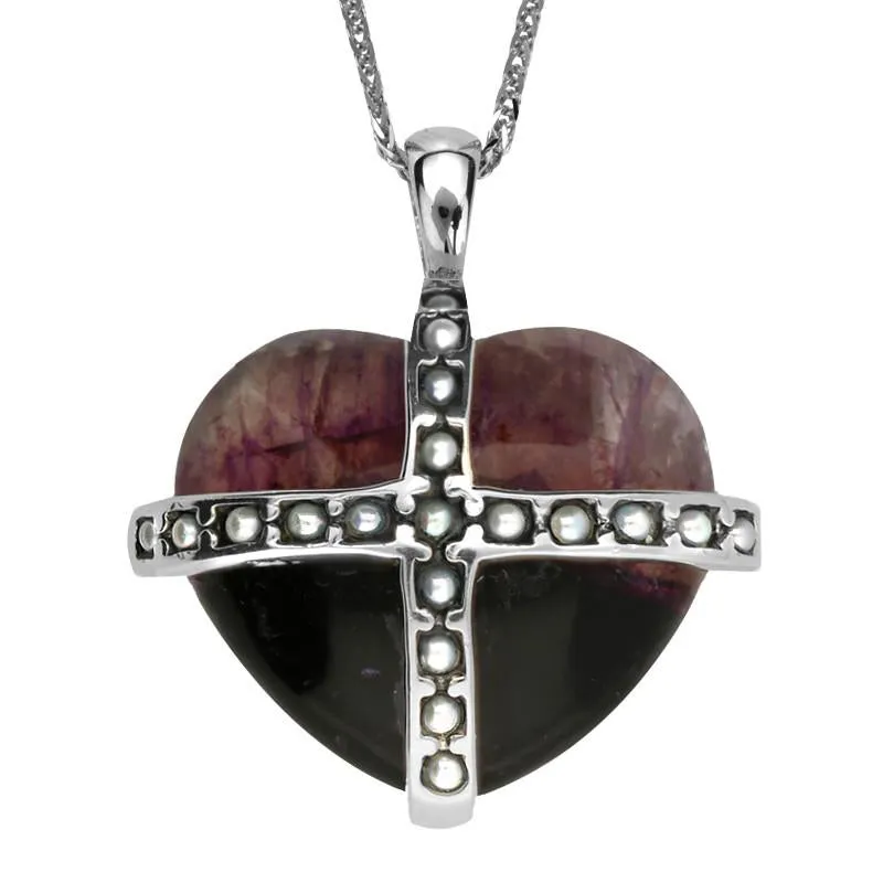 Sterling Silver Blue John Nineteen Pearl Large Cross Heart Necklace sold by Jura Watches