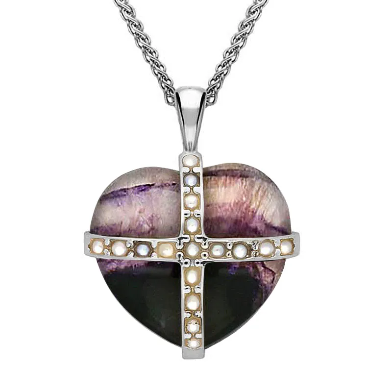 Sterling Silver Blue John Seventeen Pearl Medium Cross Heart Necklace sold by Jura Watches