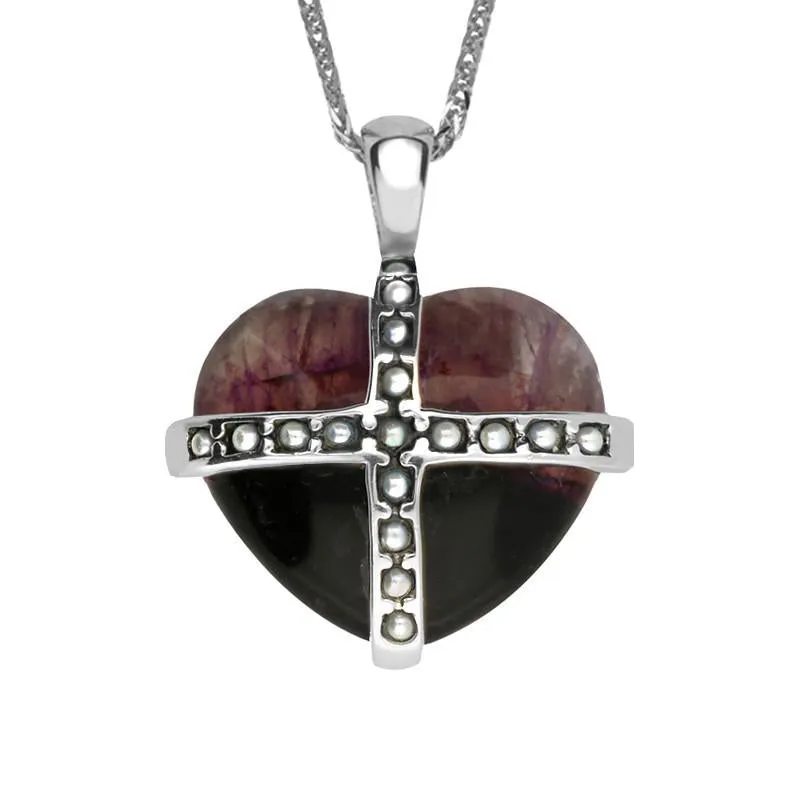 Sterling Silver Blue John Seventeen Pearl Small Cross Heart Necklace sold by Jura Watches