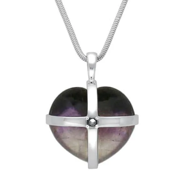 Sterling Silver Blue John One Pearl Medium Cross Heart Necklace sold by Jura Watches