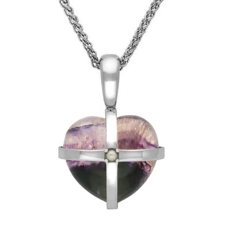 Sterling Silver Blue John One Pearl Small Cross Heart Necklace sold by Jura Watches
