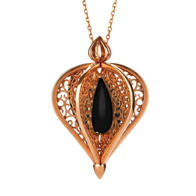 Rose Gold Plated Sterling Silver Whitby Jet Flore Filigree Droplet Necklace sold by Jura Watches