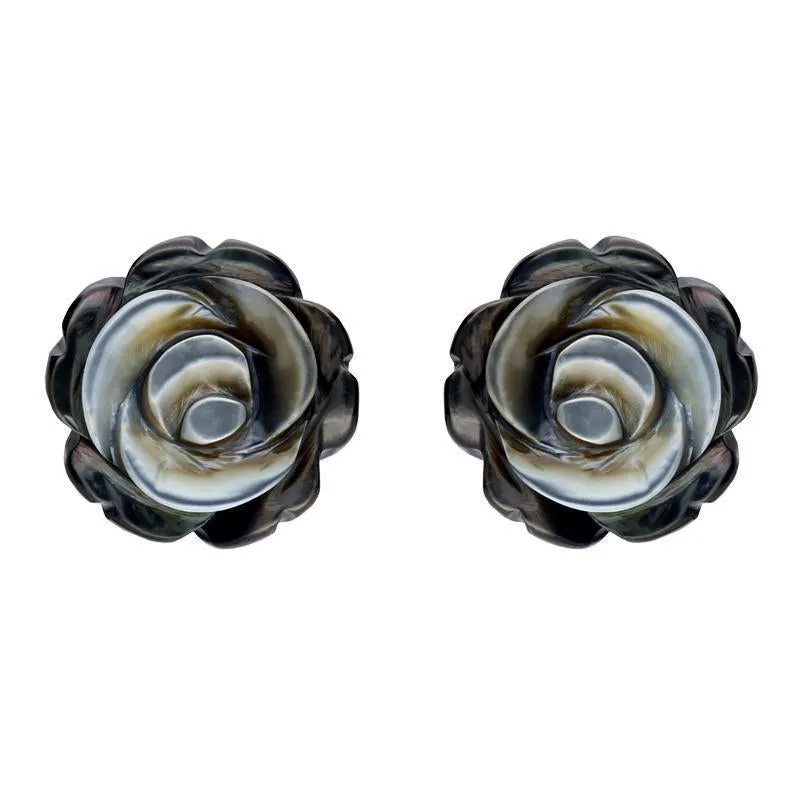 Sterling Silver Dark Mother of Pearl Tuberose 10mm Rose Stud Earrings sold by Jura Watches