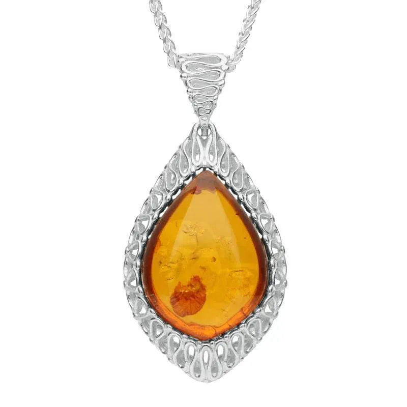 Sterling Silver Amber Pierced Edge Peardrop Necklace sold by Jura Watches