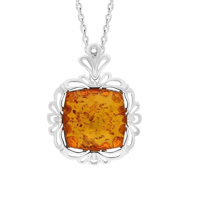 Sterling Silver Amber Ornate Edged Necklace sold by Jura Watches
