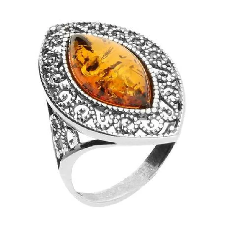 Sterling Silver Amber Marquise Cut Patterned Edge Ring sold by Jura Watches