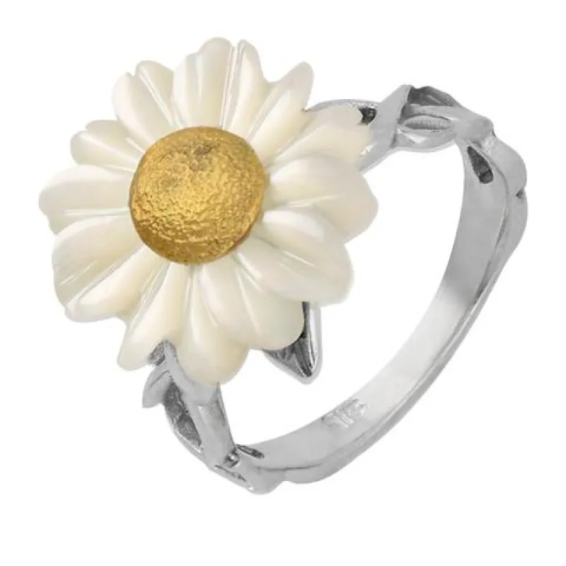 Sterling Silver and Yellow Gold White Mother Of Pearl Tuberose 16mm Daisy Ring sold by Jura Watches