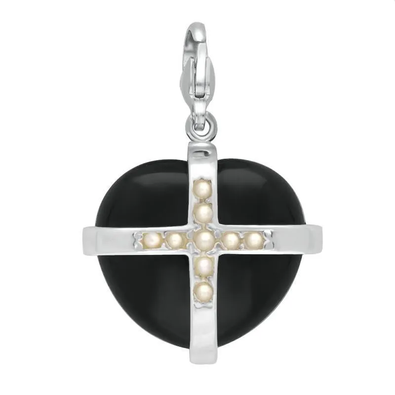 Sterling Silver Whitby Jet Nine Pearl Large Cross Heart Charm sold by Jura Watches