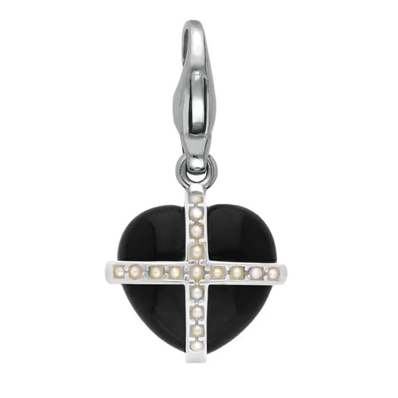Sterling Silver Whitby Jet Seventeen Pearl Small Cross Heart Charm sold by Jura Watches
