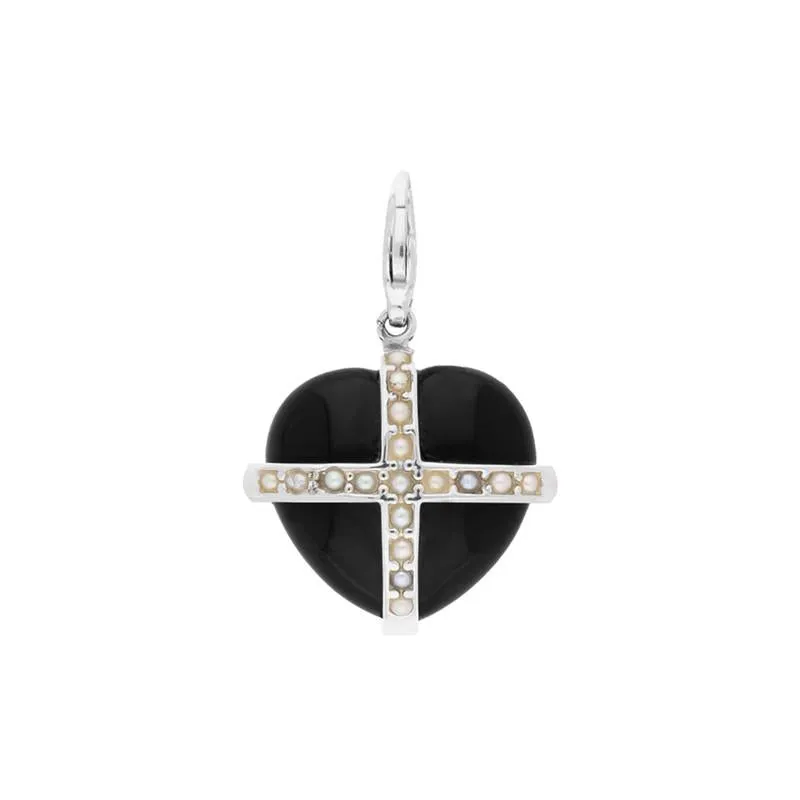 Sterling Silver Whitby Jet Seventeen Pearl Medium Cross Heart Charm sold by Jura Watches
