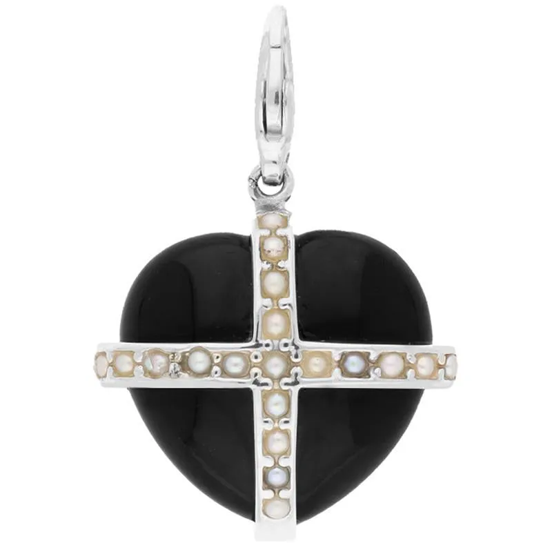 Sterling Silver Whitby Jet Nineteen Pearl Large Cross Heart Charm sold by Jura Watches