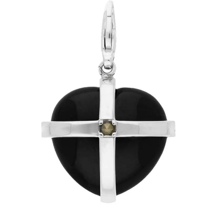 Sterling Silver Whitby Jet One Marcasite Medium Cross Heart Charm sold by Jura Watches