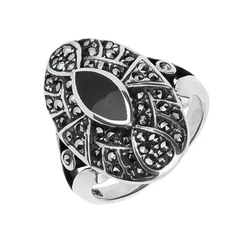 Sterling Silver Whitby Jet & Marcasite Decorative Shield Ring sold by Jura Watches