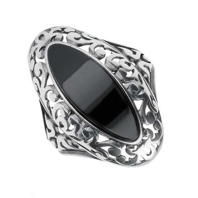 Sterling Silver Whitby Jet Heritage Oval Pierced Ring sold by Jura Watches