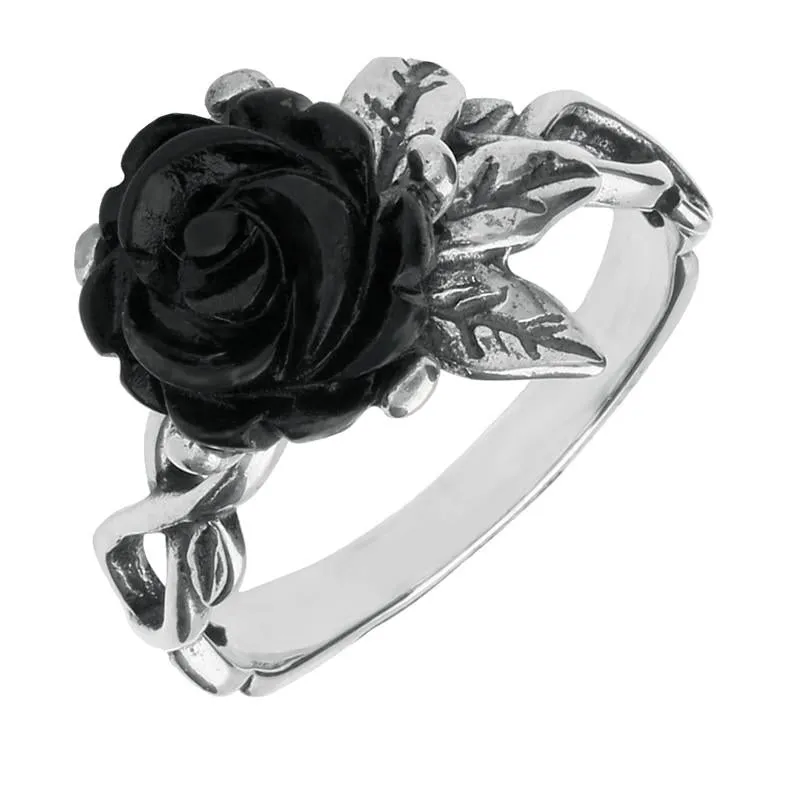 Sterling Silver Whitby Jet Tuberose 10mm Rose Leaf Twist Ring sold by Jura Watches