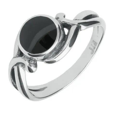 Sterling Silver Whitby Jet Round Scroll Ring sold by Jura Watches