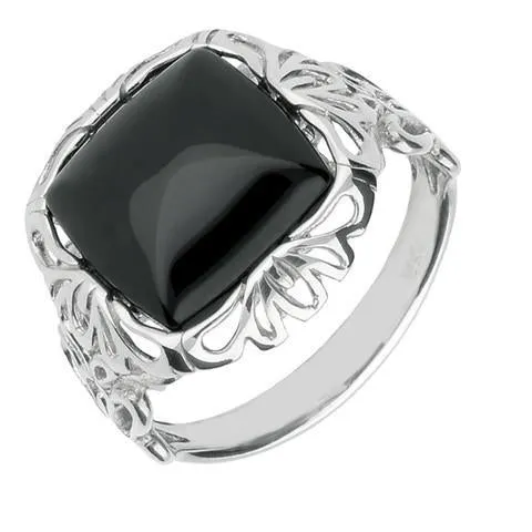 Sterling Silver Whitby Jet Square Decorative Edge Ring sold by Jura Watches