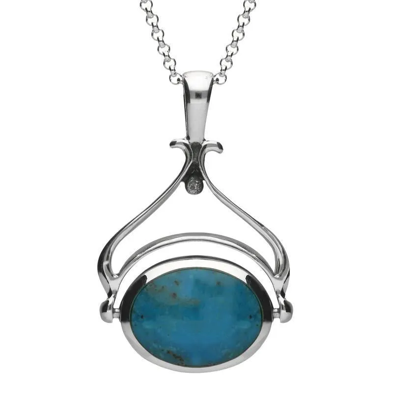 Sterling Silver Whitby Jet Turquoise Oval Space Swivel Fob Necklace sold by Jura Watches