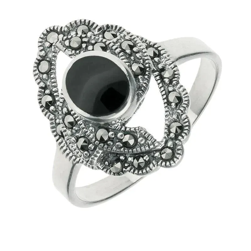 Sterling Silver Whitby Jet Marquise Oval Centre Twisted Ring sold by Jura Watches