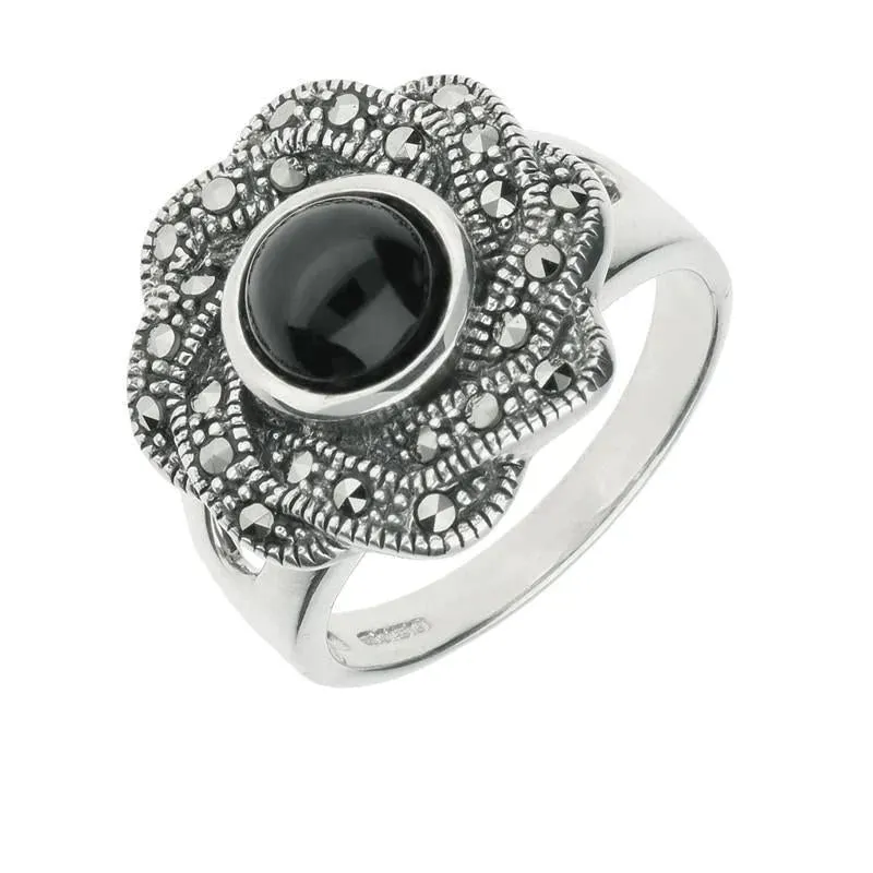 Sterling Silver Whitby Jet Marcasite Ribbon Edge Ring sold by Jura Watches