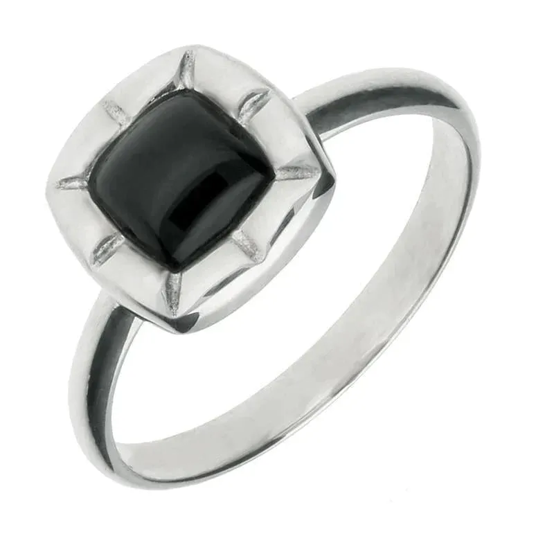Sterling Silver Whitby Jet Cushion Ridged Edge Ring sold by Jura Watches