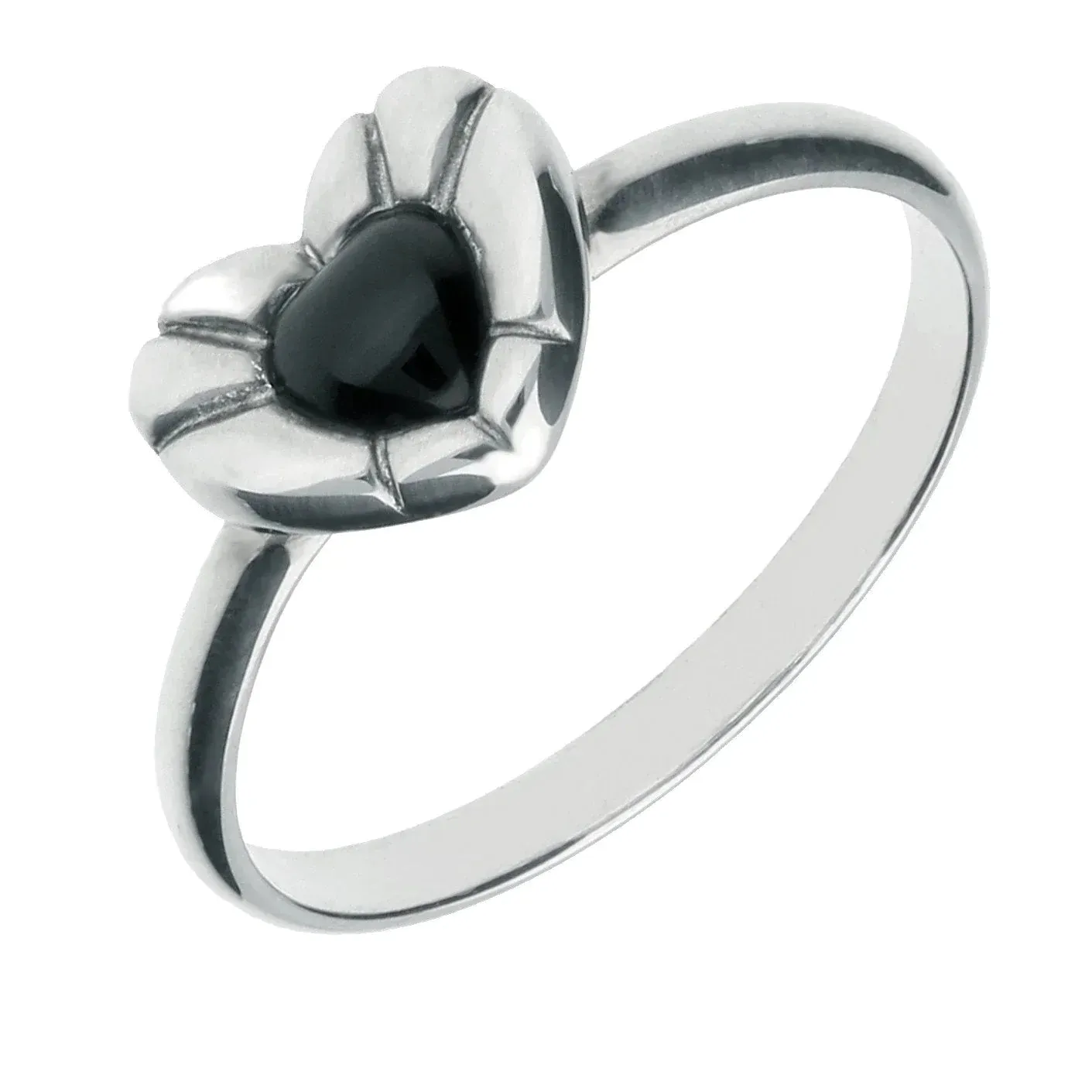 Sterling Silver Whitby Jet Heritage Heart Stone Ridged Edge Ring sold by Jura Watches