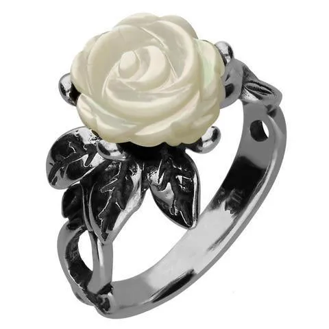 Sterling Silver White Mother of Pearl Tuberose 10mm Rose Twist Leaf Ring sold by Jura Watches