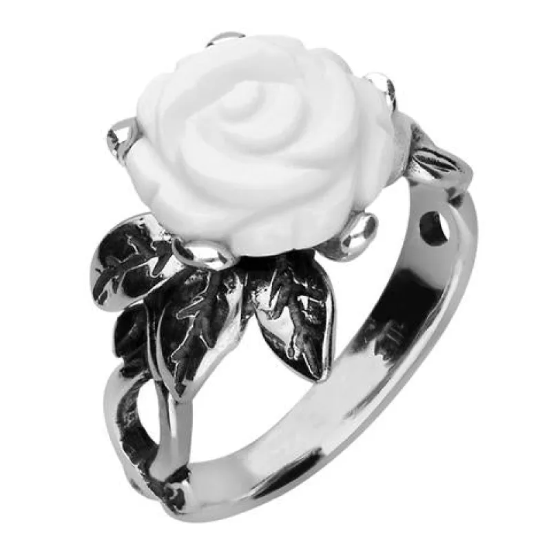 Sterling Silver White Agate Tuberose 10mm Rose Leaf Twist Ring sold by Jura Watches