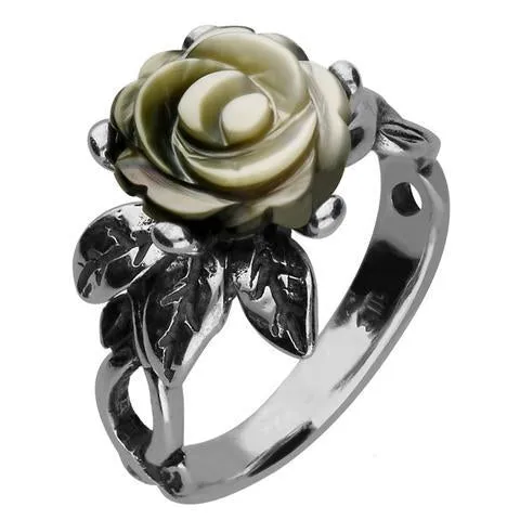Sterling Silver Dark Mother of Pearl Tuberose 10mm Rose Leaf Twist Ring sold by Jura Watches