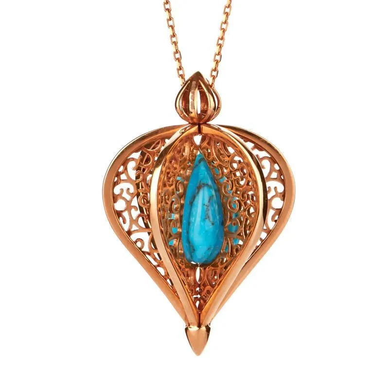 9ct Rose Gold Turquoise Flore Filigree Droplet Necklace sold by Jura Watches