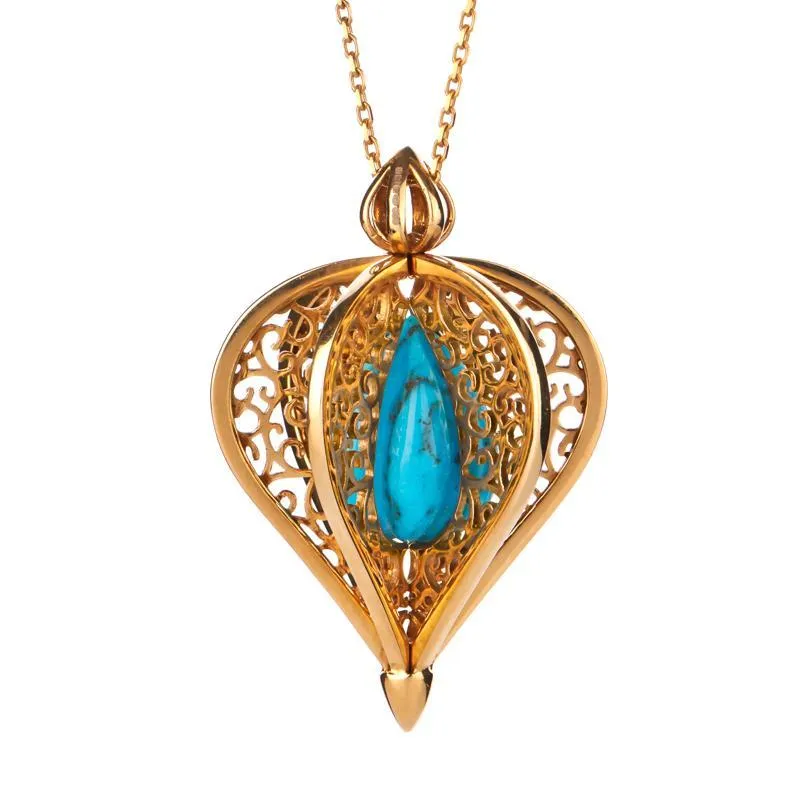 9ct Yellow Gold Turquoise Flore Filigree Droplet Necklace sold by Jura Watches