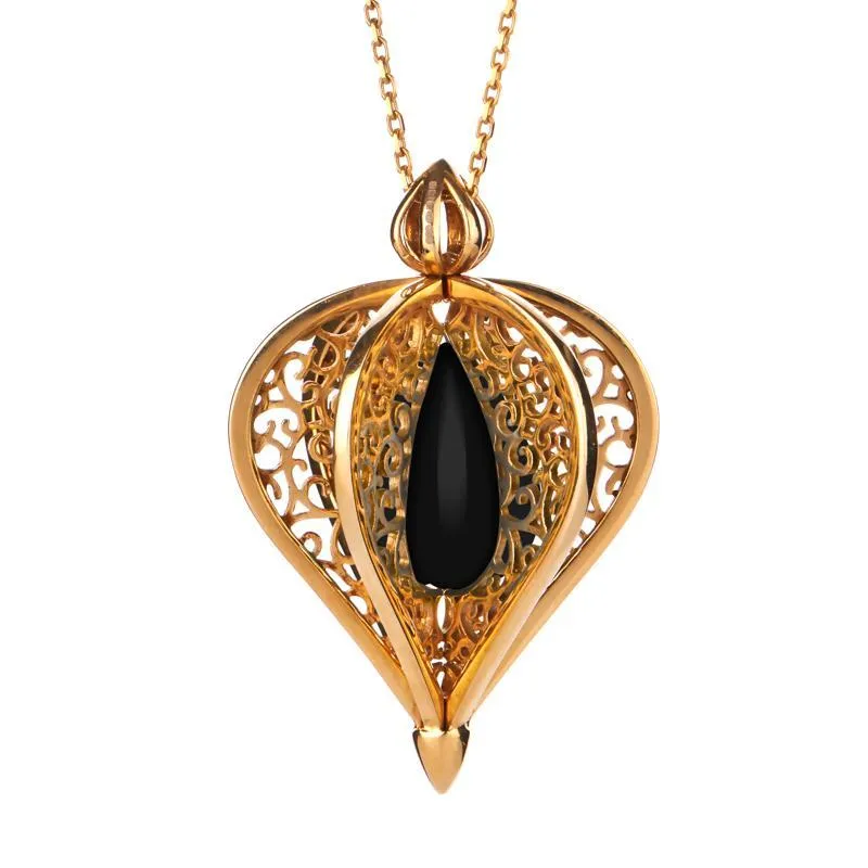 9ct Yellow Gold Whitby Jet Flore Filigree Droplet Necklace sold by Jura Watches
