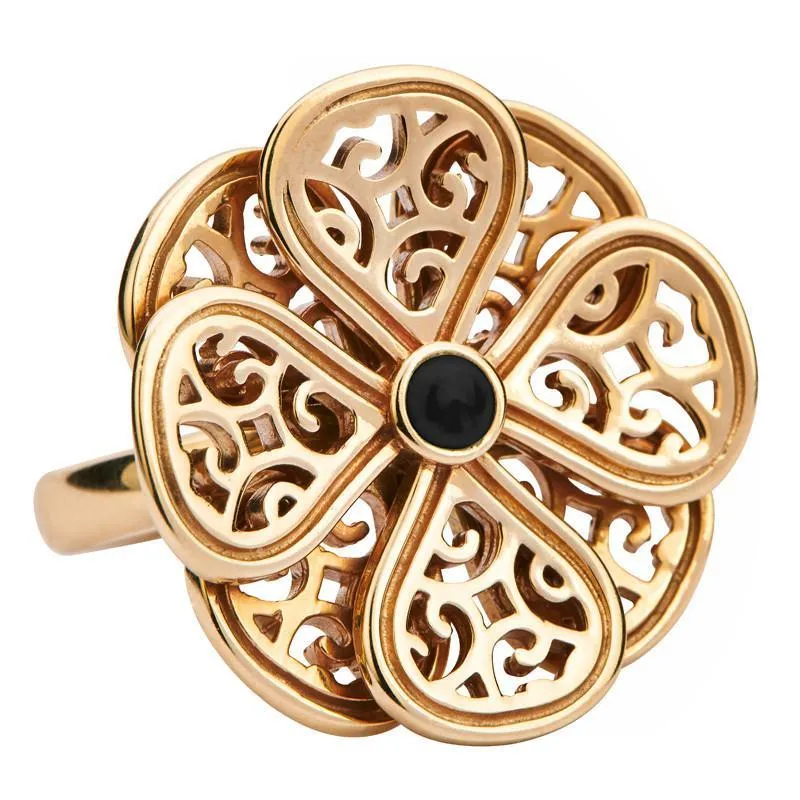 9ct Yellow Gold Whitby Jet Flore Eight Petal Flower Ring sold by Jura Watches