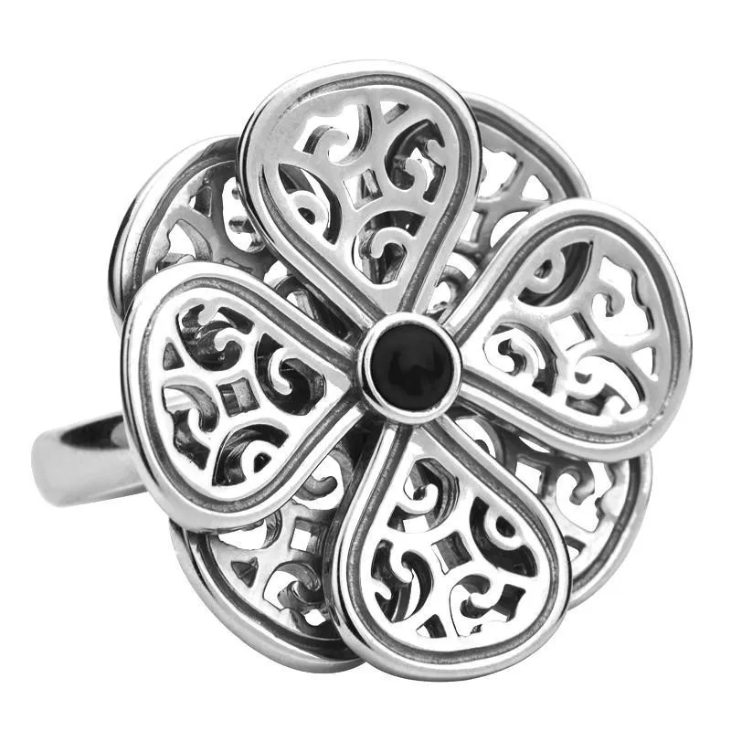 Sterling Silver Whitby Jet Flore Eight Petal Filigree Ring sold by Jura Watches